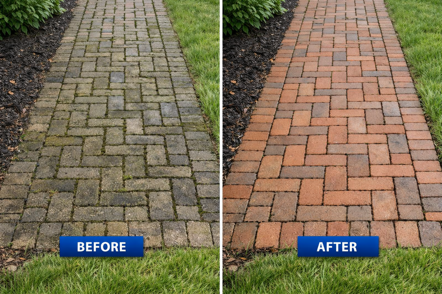Brick walkway pressure washing before and after