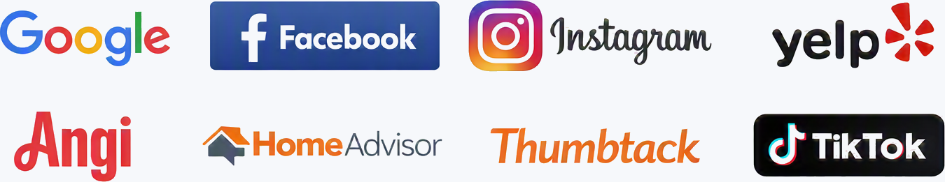 Trusted platforms including Google, Facebook, Instagram, Yelp, Angi, HomeAdvisor, Thumbtack, and TikTok