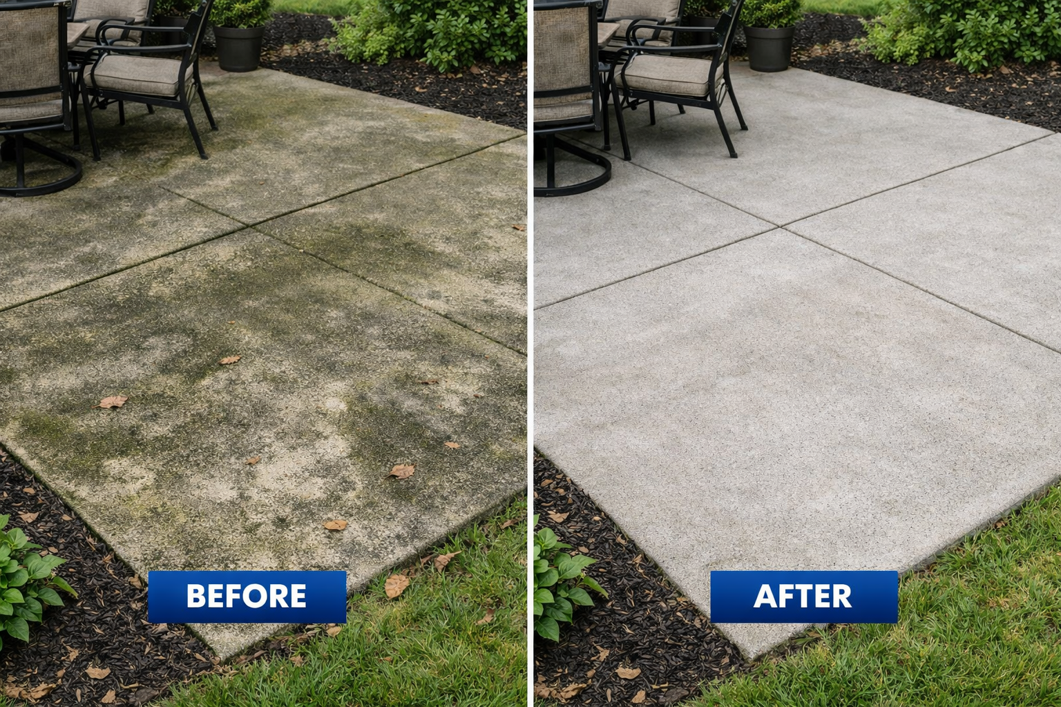Concrete patio cleaning before and after