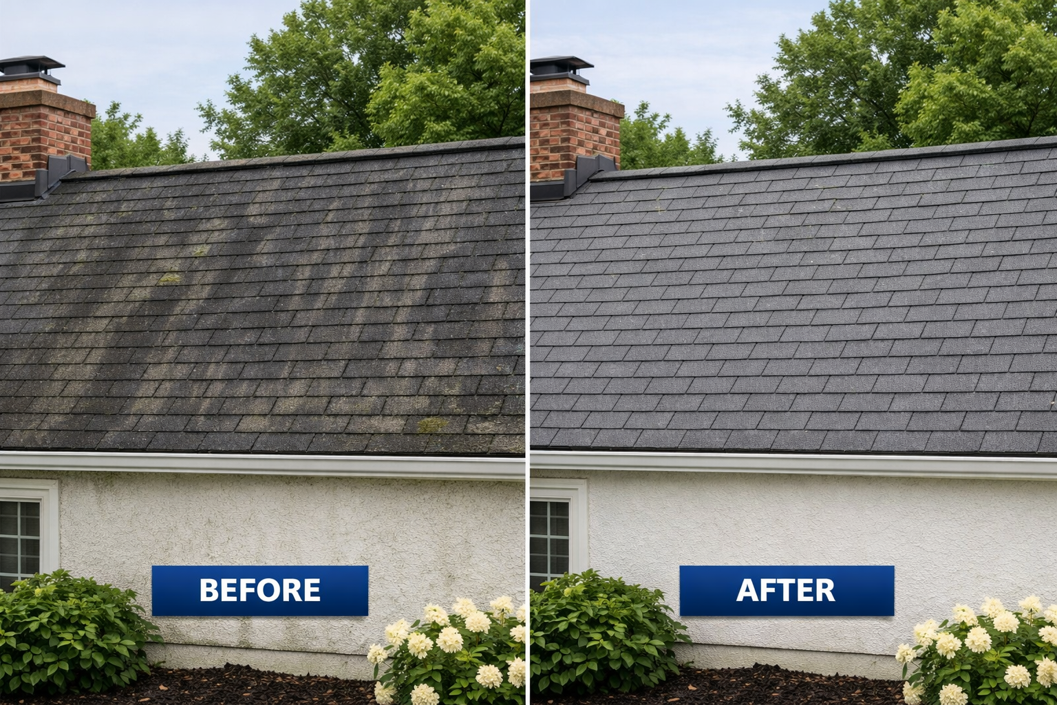 Roof soft washing before and after